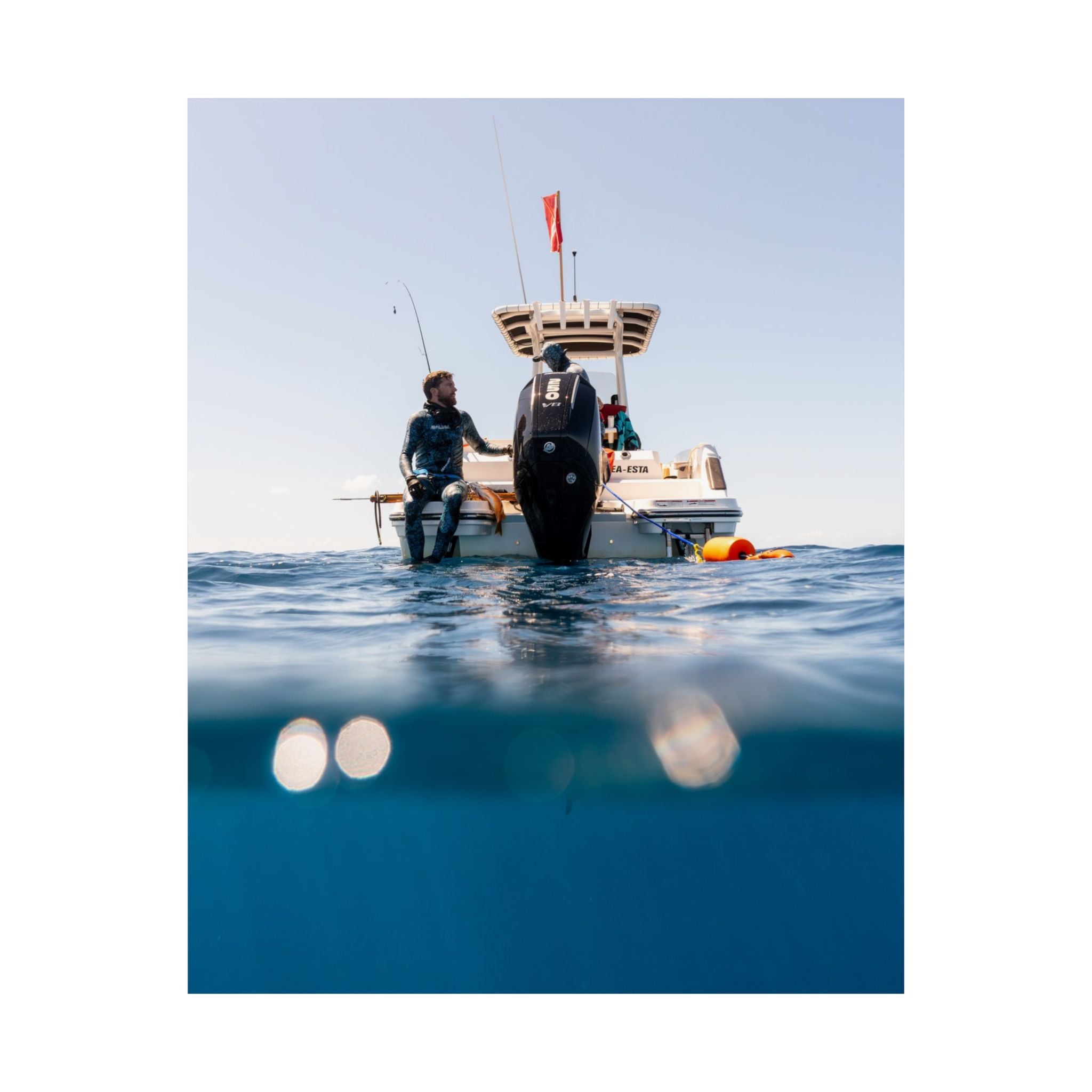 Boat & Ocean Split-Shot Satin Poster — Underwater Perspective Wall Art