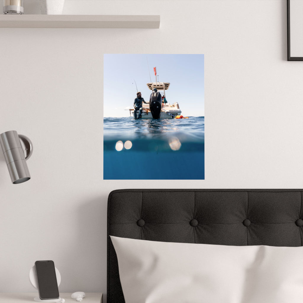 Boat & Ocean Split-Shot Satin Poster — Underwater Perspective Wall Art